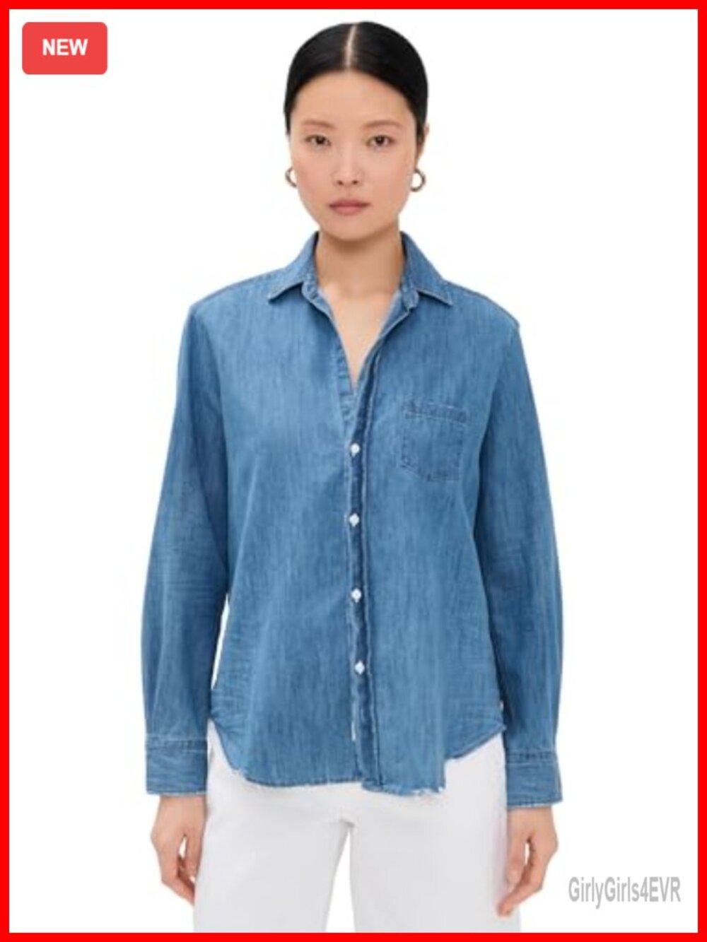Relaxed Button Down Denim Shirt Long Sleeve Collared Frayed Trim Blouse